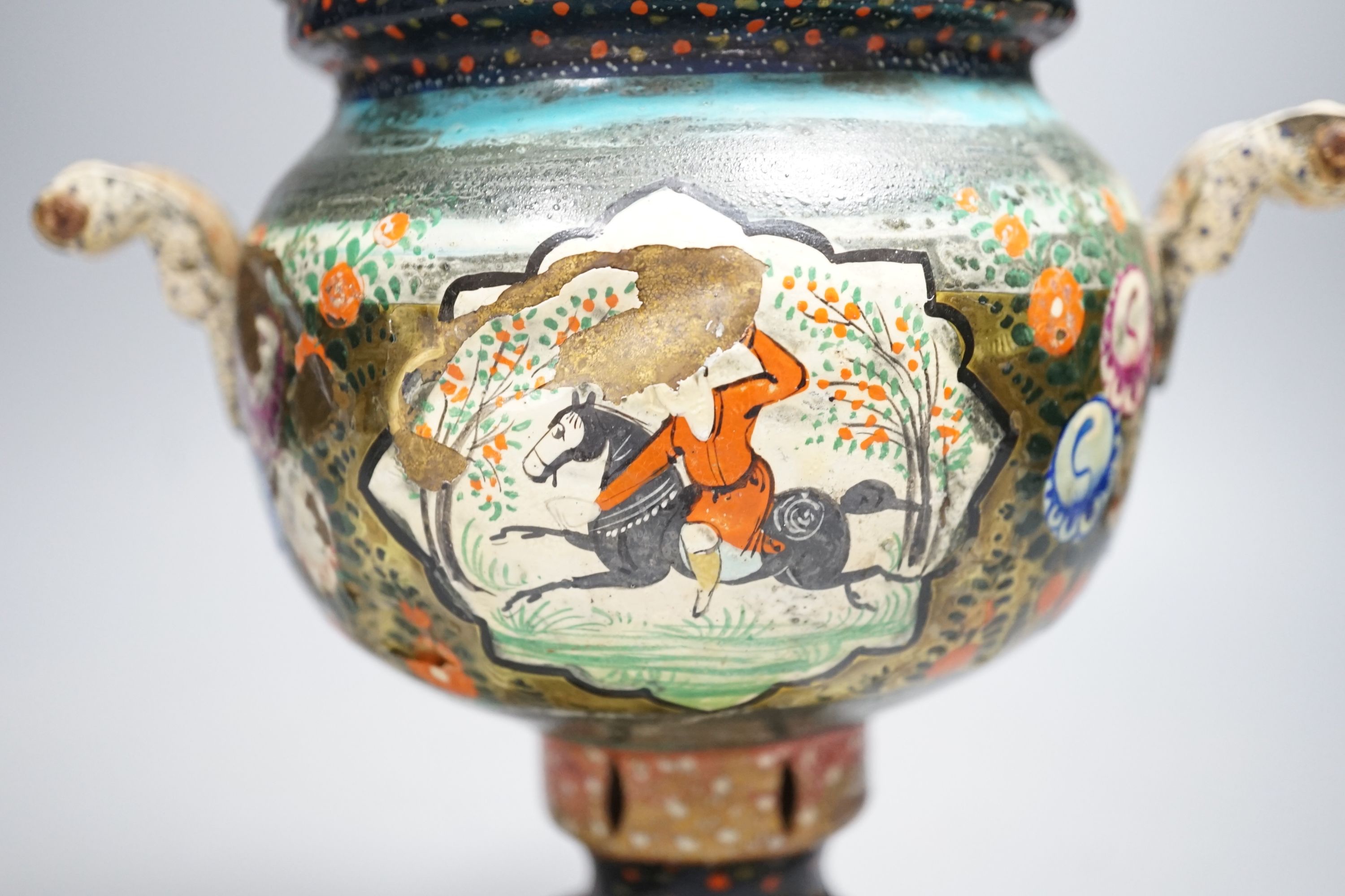 A Persian enamelled brass tea urn 24cm